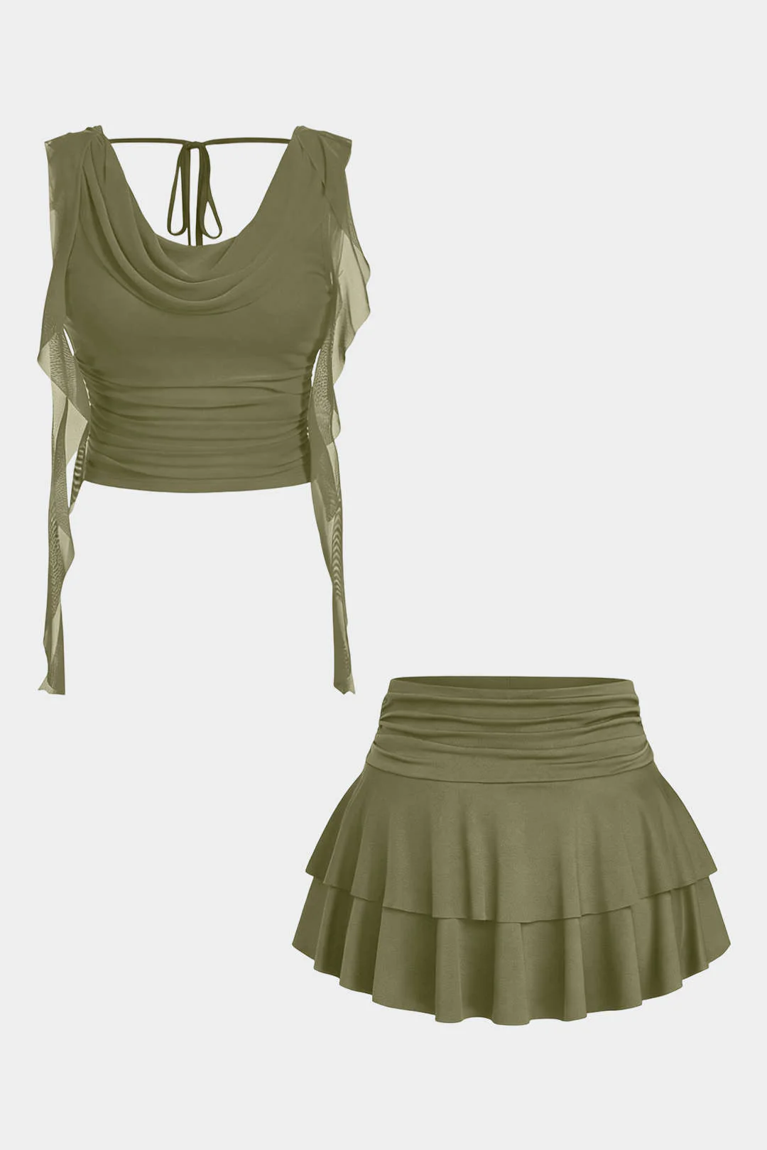 Plus Size Mesh Draped Cowl Neck Tie-Up Tank Top And Ruffle Skirt Set - Image 4