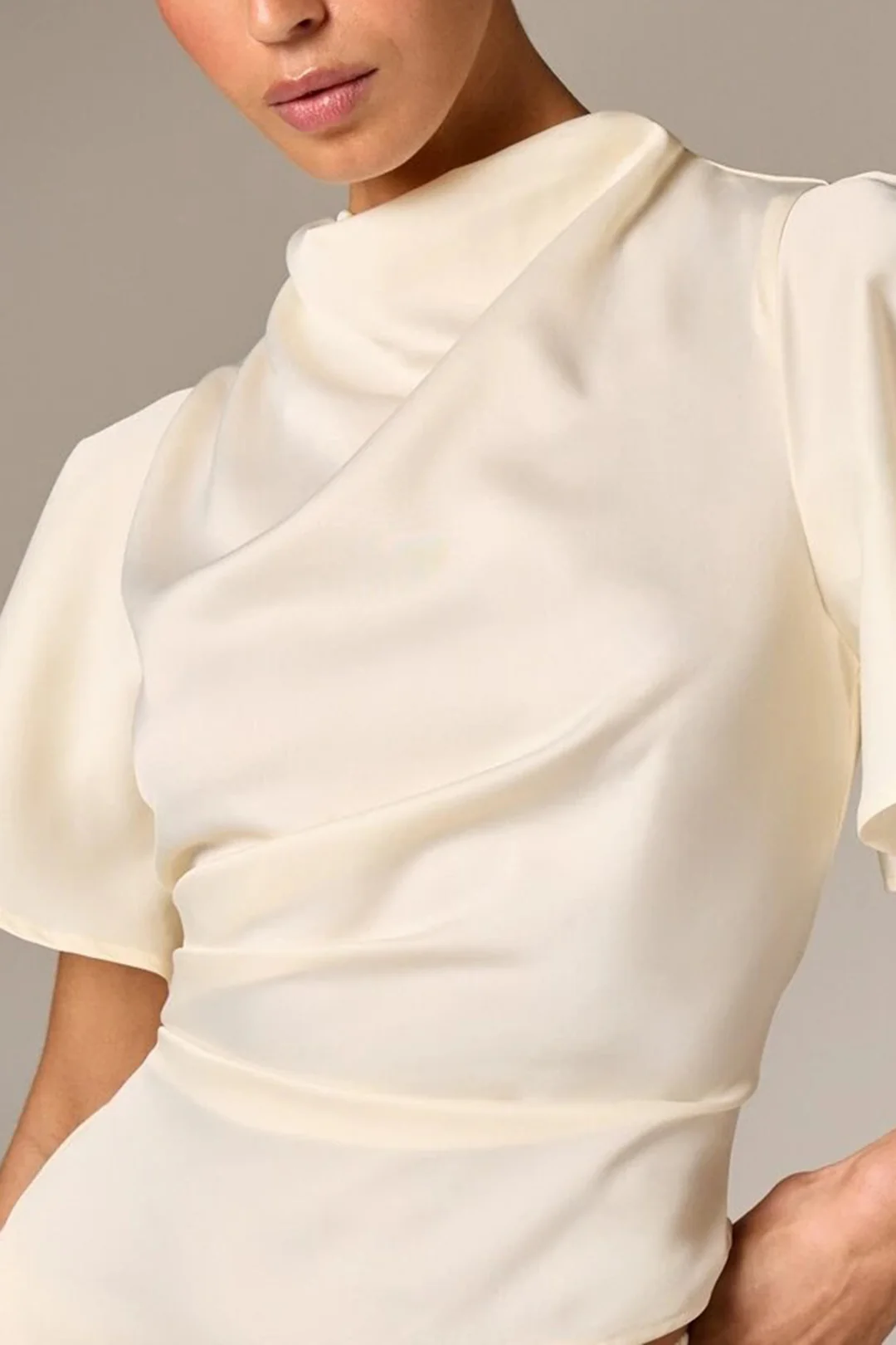 Draped Cowl Neck Asymmetrical Short-Sleeve Shirt - Image 3